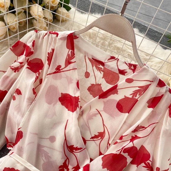 Women's V Neck Long Sleeve Chiffon Printed Dress - Picture 16 of 16